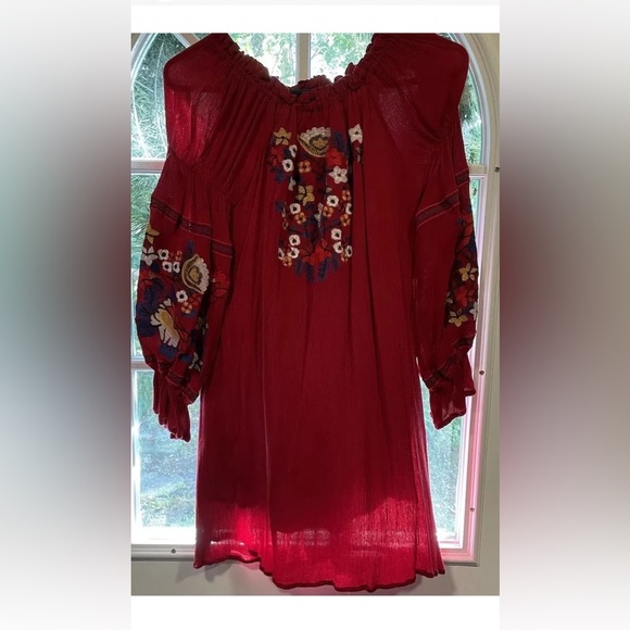 R Vioimos Women XL Red MIDI Floral Embroidery Bohemian Detail Rushed Long Sleeve - Picture 1 of 5